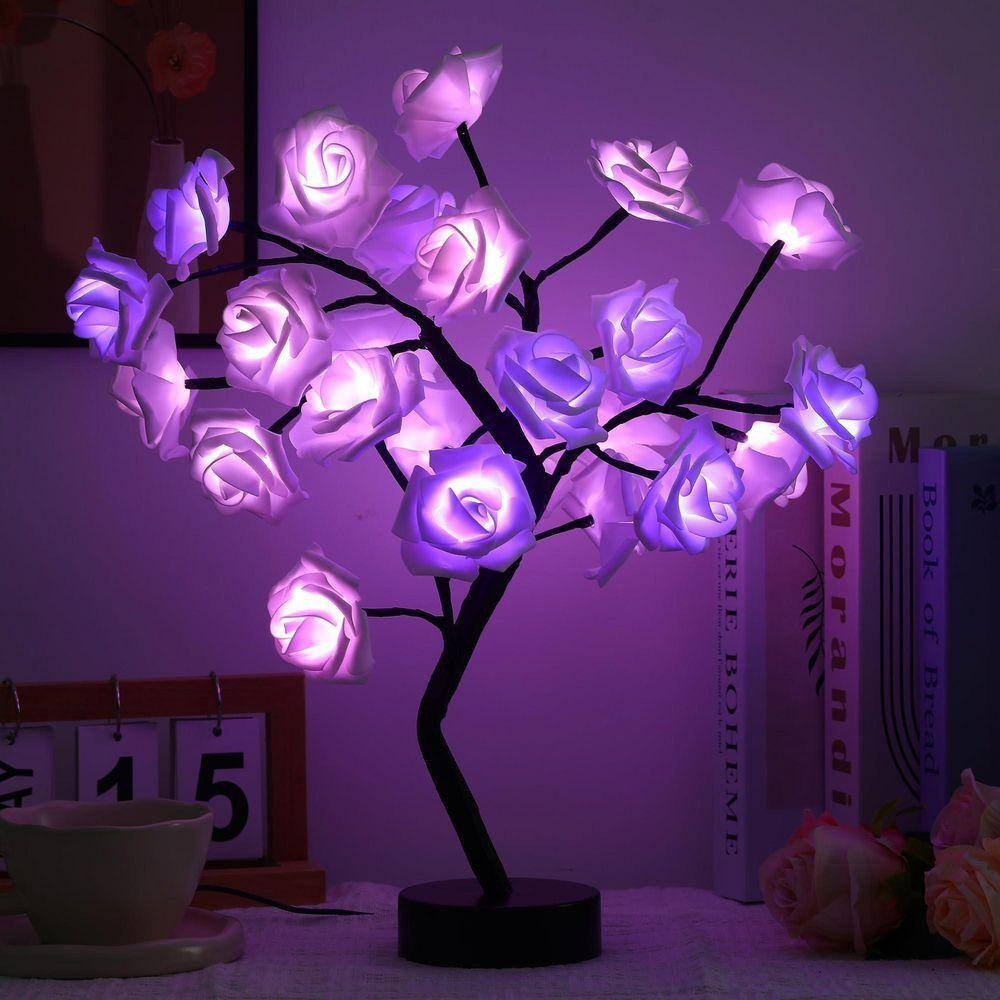 Artificial Rose Flower Tree LED Night Light Bonsai Style Tabletop Tree in Pot fo