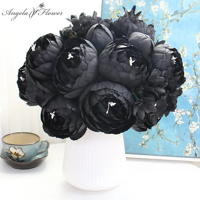 12-Head Black Peony Rose Hydrangea Artificial Bouquet DIY Wedding Decor Flowers