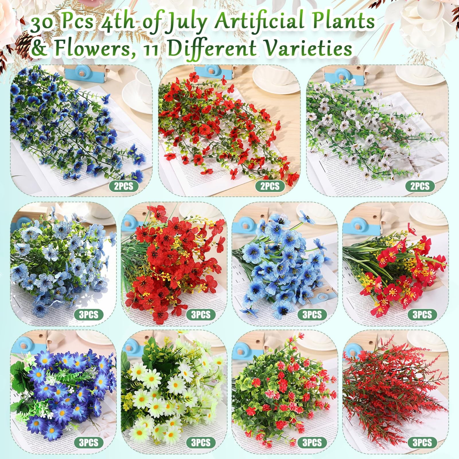 30 Pcs Red White and Blue Artificial Flowers for Outdoors, Faux Patriotic Flo…