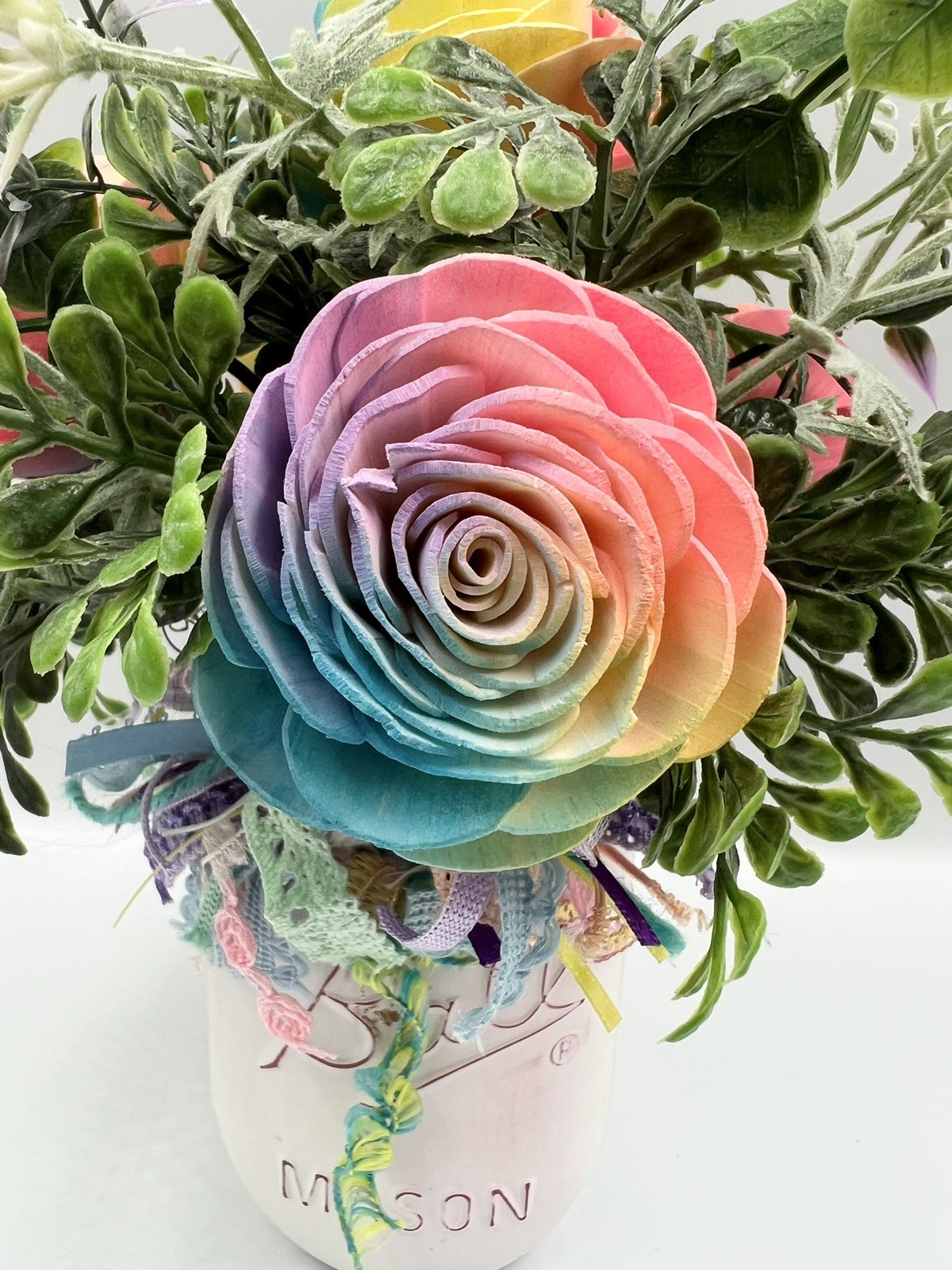 Sola Wood Flower Arrangement In Ball Canning Jar, Tie Dye