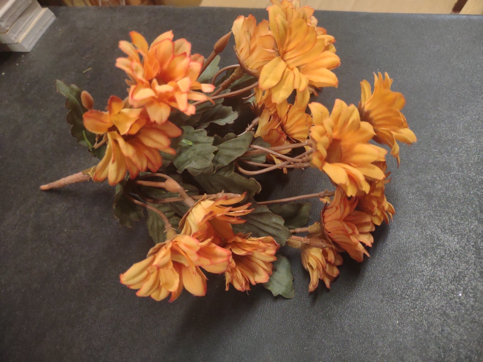 10″ Vintage Silk Mini Daisy Bush, 9 Stems, Butterscotch Peach Orange Daisies