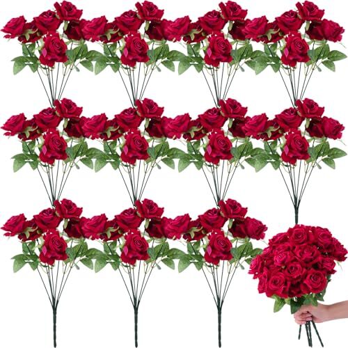 12 Bunches Artificial Roses 7 Heads Silk Flower Roses with Stems Fake Rose Red