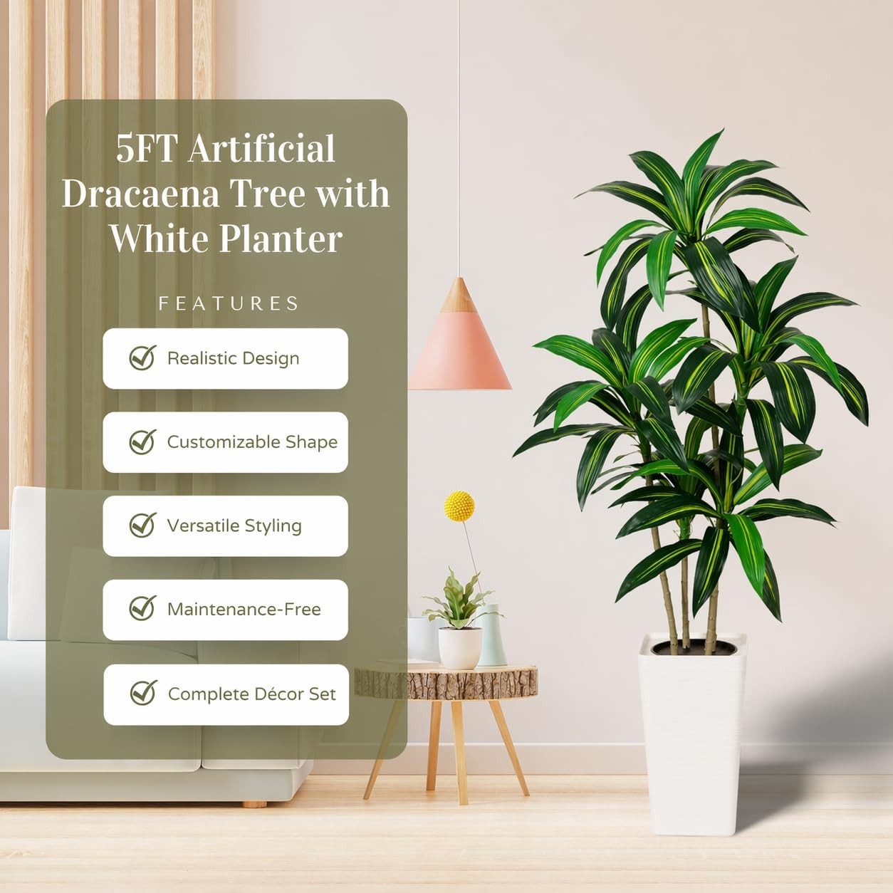 5FT Artificial Dracaena Plant Indoor – Tall Artificial Indoor Tree in Pot,