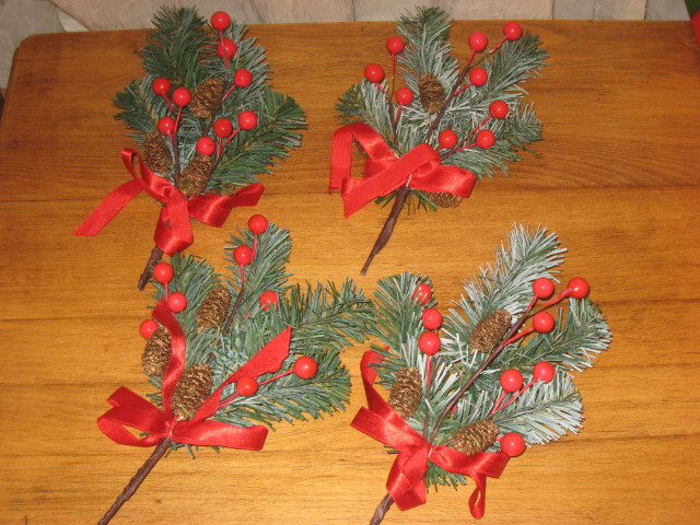 4 SPRINGS OF PINE, RED BERRIES, CONES & RED SATIN RIBBON