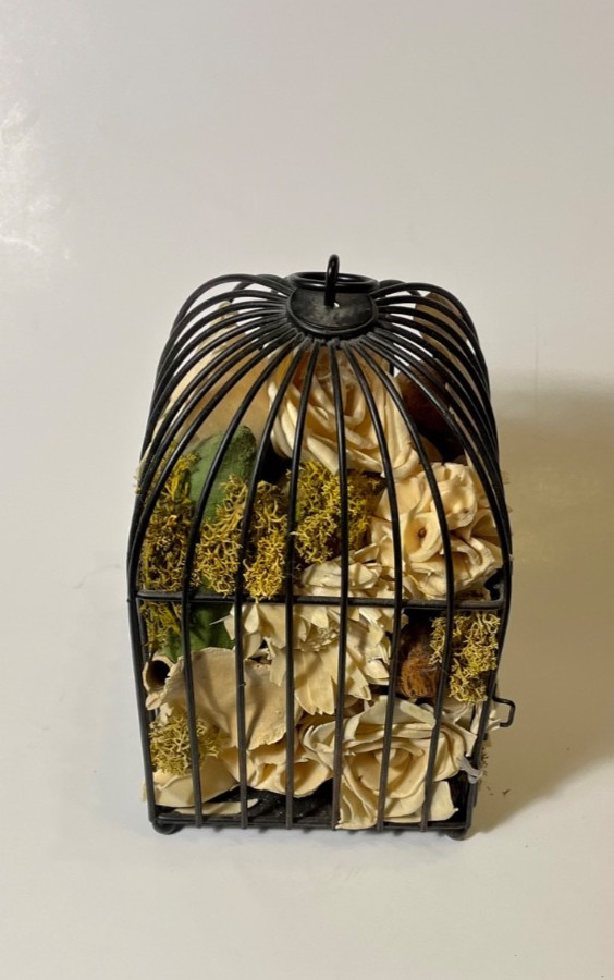 Wrought Black Rim Wire Hanging Dried Beige Floral Flower Arrangements BIRD CAGE