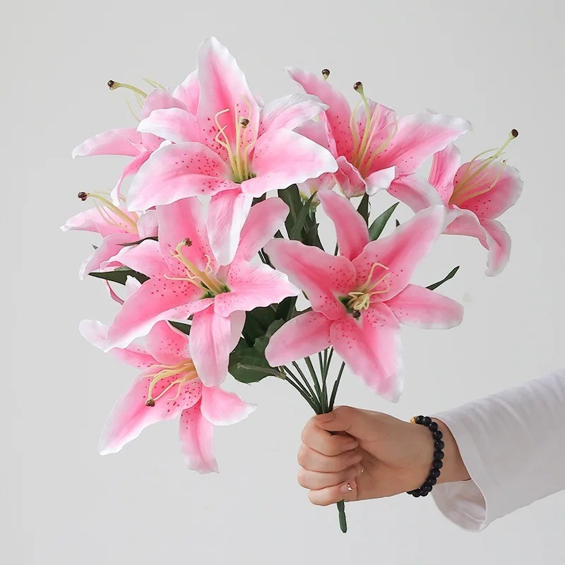 9-Head Big Lily Artificial Flower Branch Simulation Decorative Bouquet for Weddi