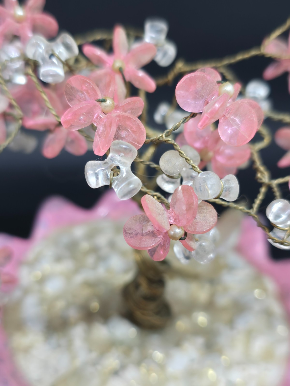Copper Wire Bonsai Tree, Pink & White Beads, White Rocks Pink Bowl Home Decor