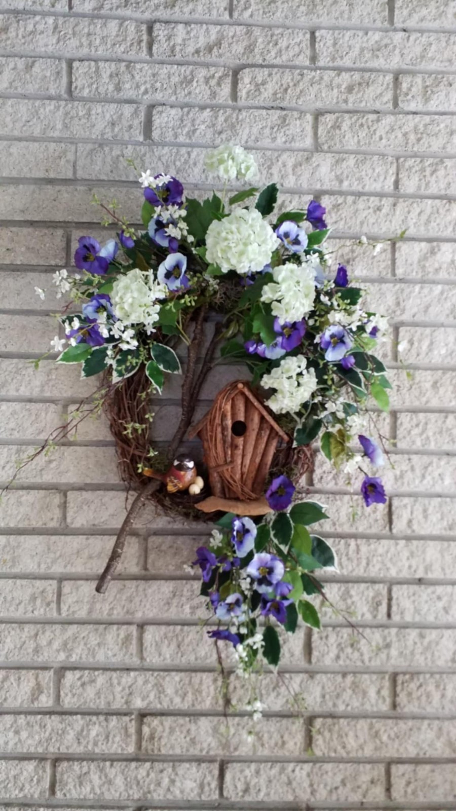 Flower Wreath Spring Summer Door Decor Bird Hydrangea Pansy Flower Arrangement