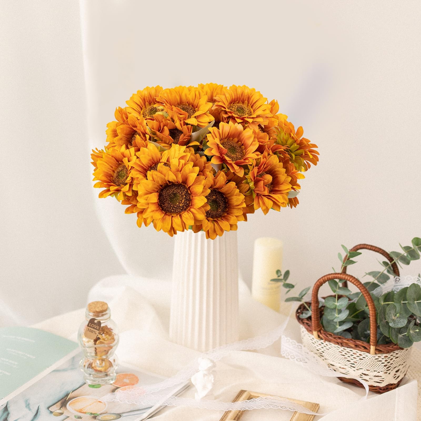 4 PCS 16.5inch Autumn Faux Sunflowers Artificial Flowers Bulk 28 Heads Fall S…