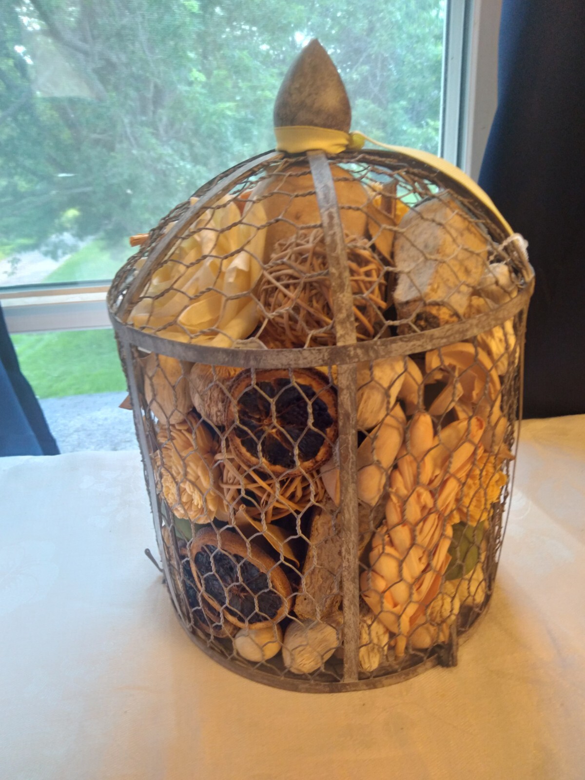 Bird Cage Filled With Gourds, Nuts, Pinecones, Dried Fruit, Twin Balls, Flowers