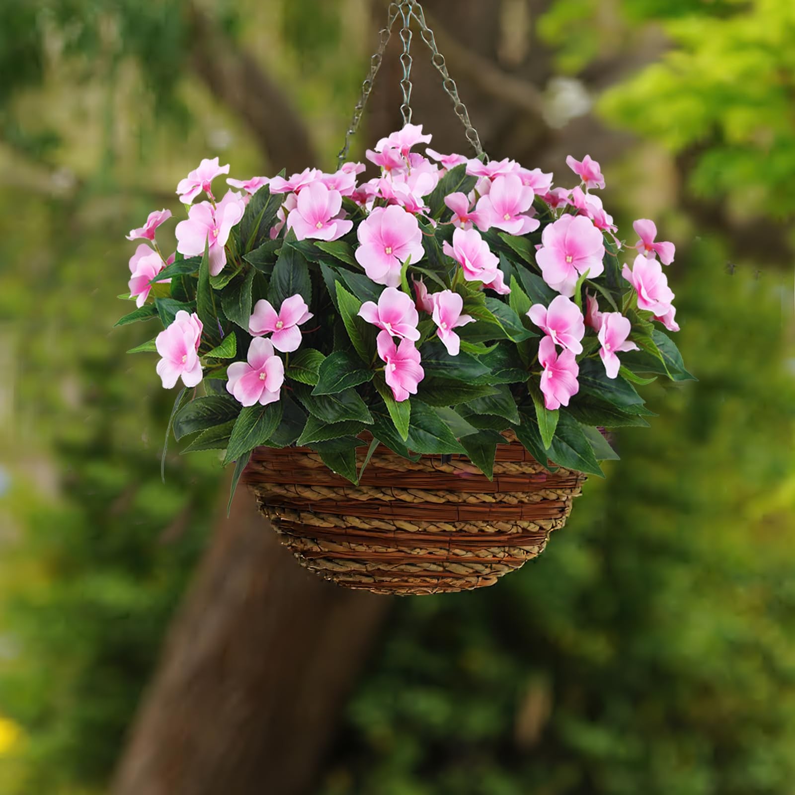 Faux Impatiens Bouquet, Pink Silk Flowers, Patio Hanging Basket Decor