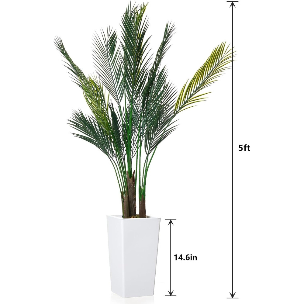 Realistic 5ft Faux Palm Tree in Tall White Planter UV Resistant for Patio & Home