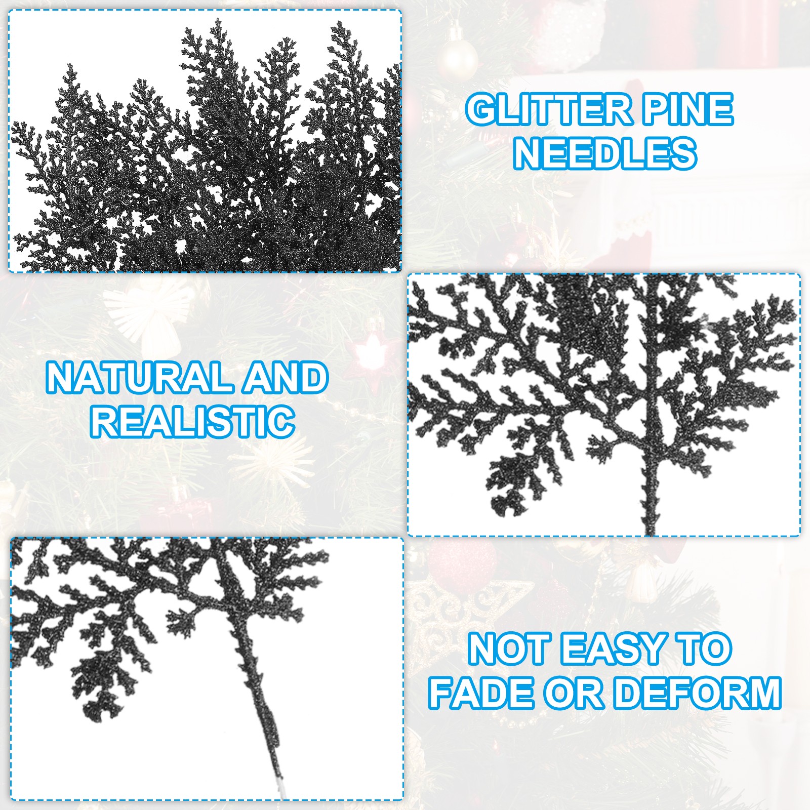 24 Pcs Glitter Artificial Pine Needles, Glitter Pine Stems Black