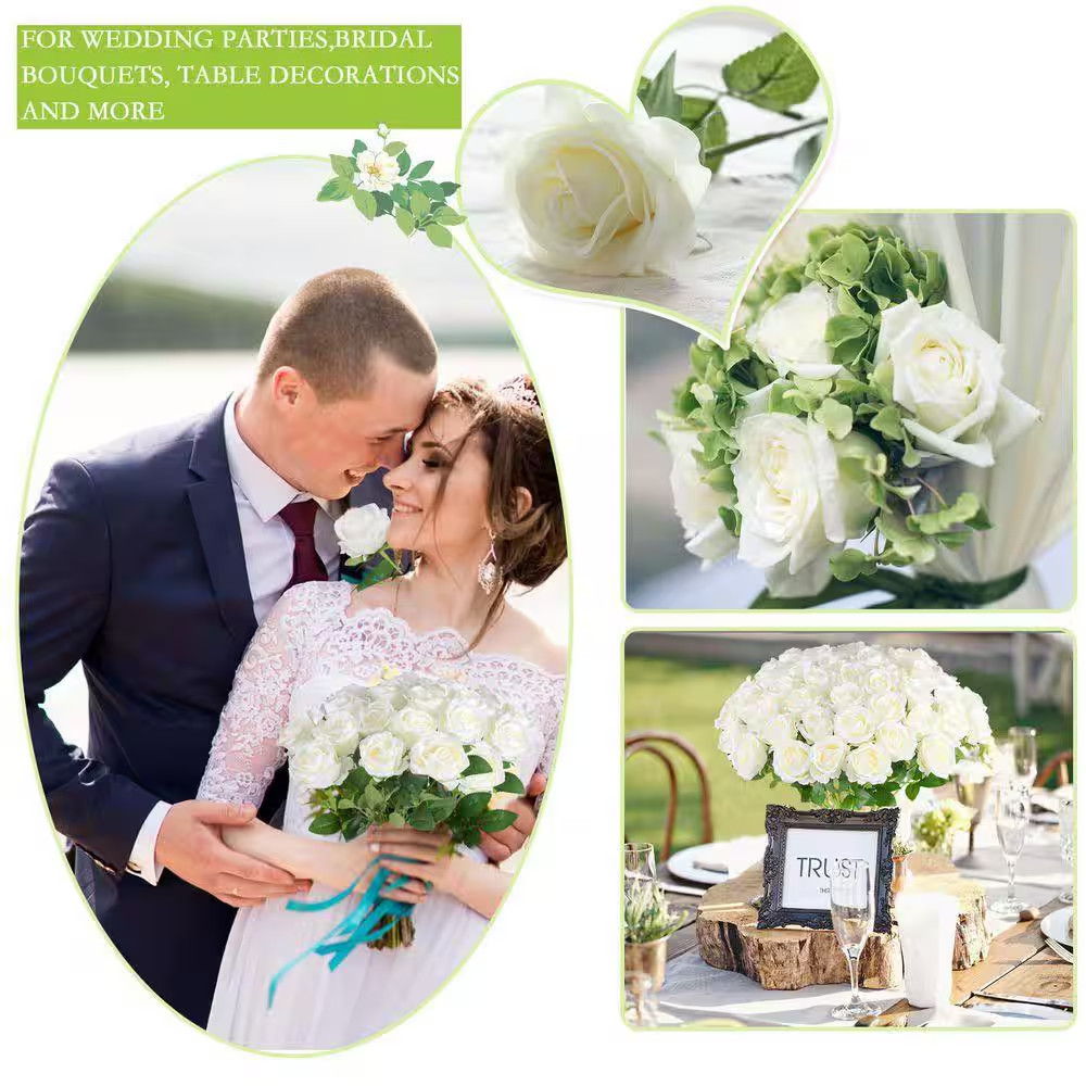 50 Pcs Realistic White Velvet Silk Artificial Roses for Wedding Centerpieces and
