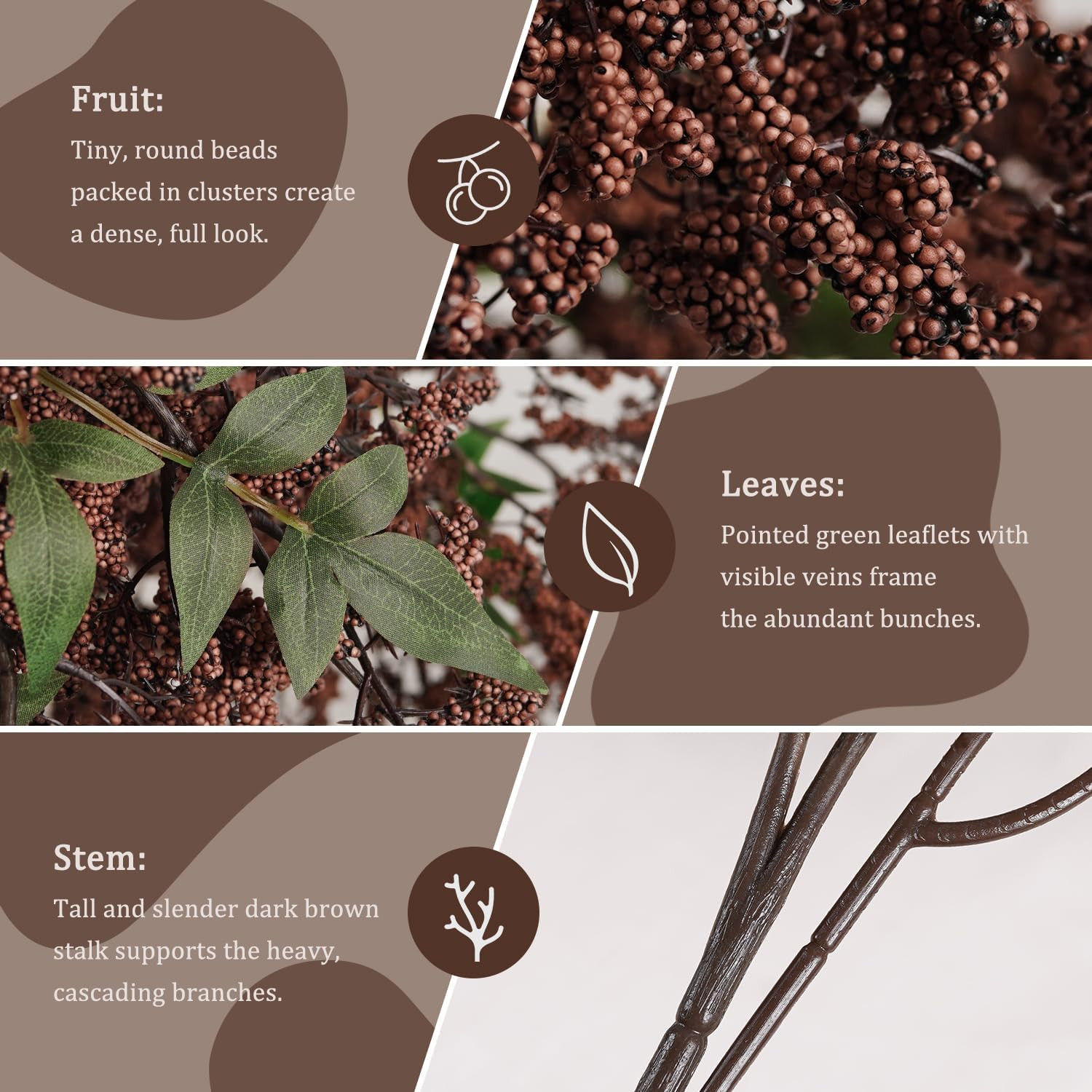 3 Pcs 36″ Dark Brown Artificial Berry Stem for DIY Home Decor & Holidays