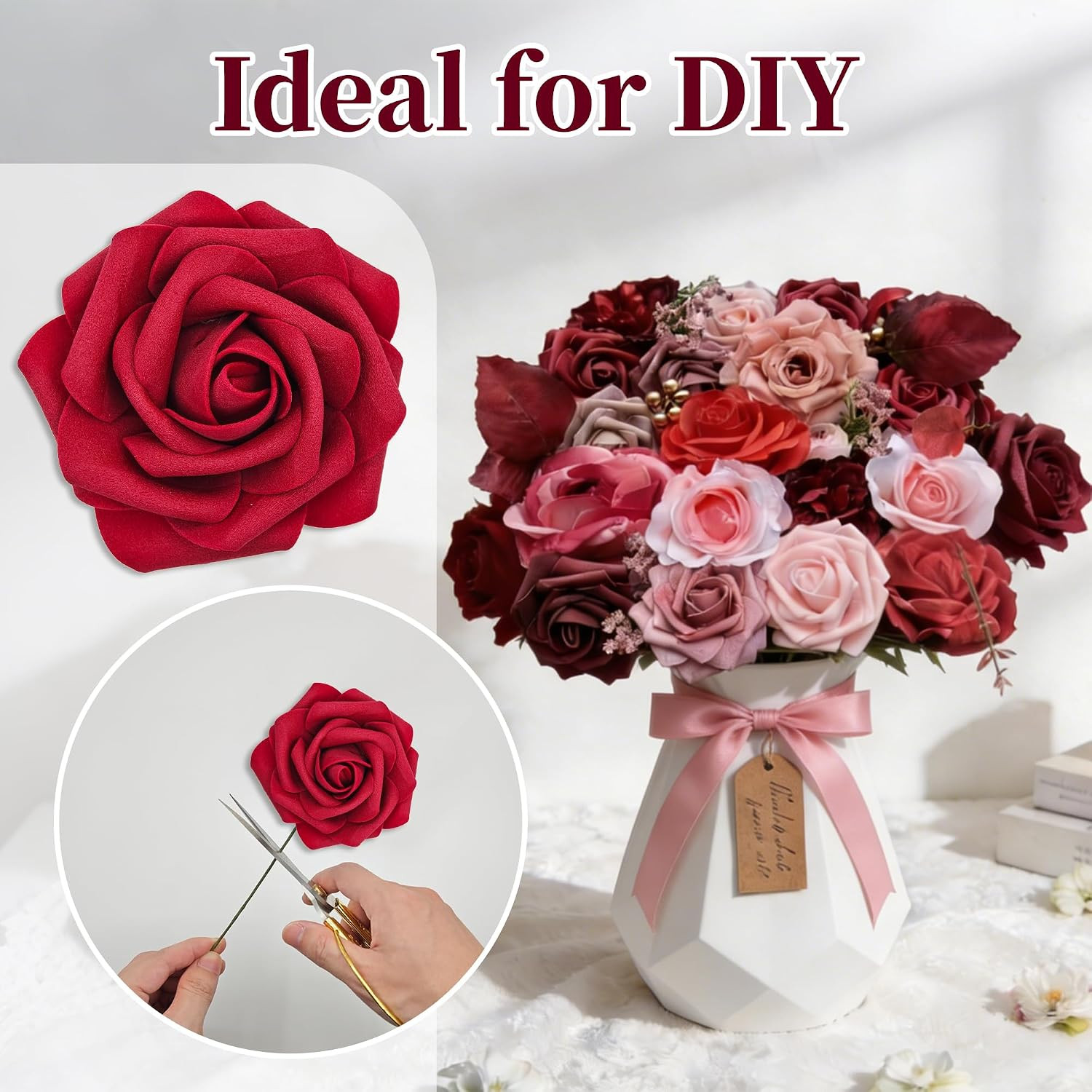 Red Artificial Silk Flowers Combo with Pompom, Roses & Red Stems for DIY Wedding