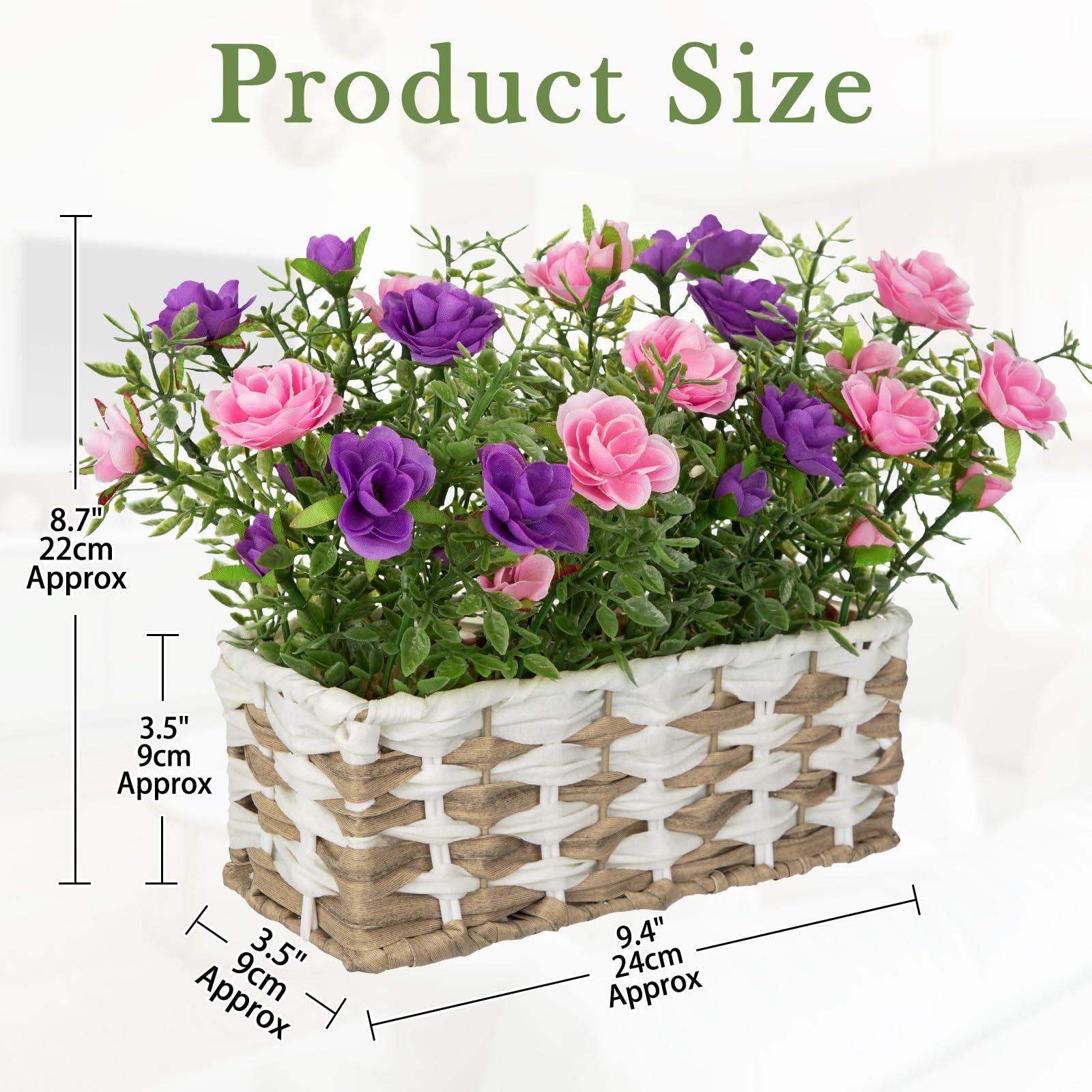Artificial Rose Flowers with Woven Basket, Faux Blooming Roses in Fake Rattan…