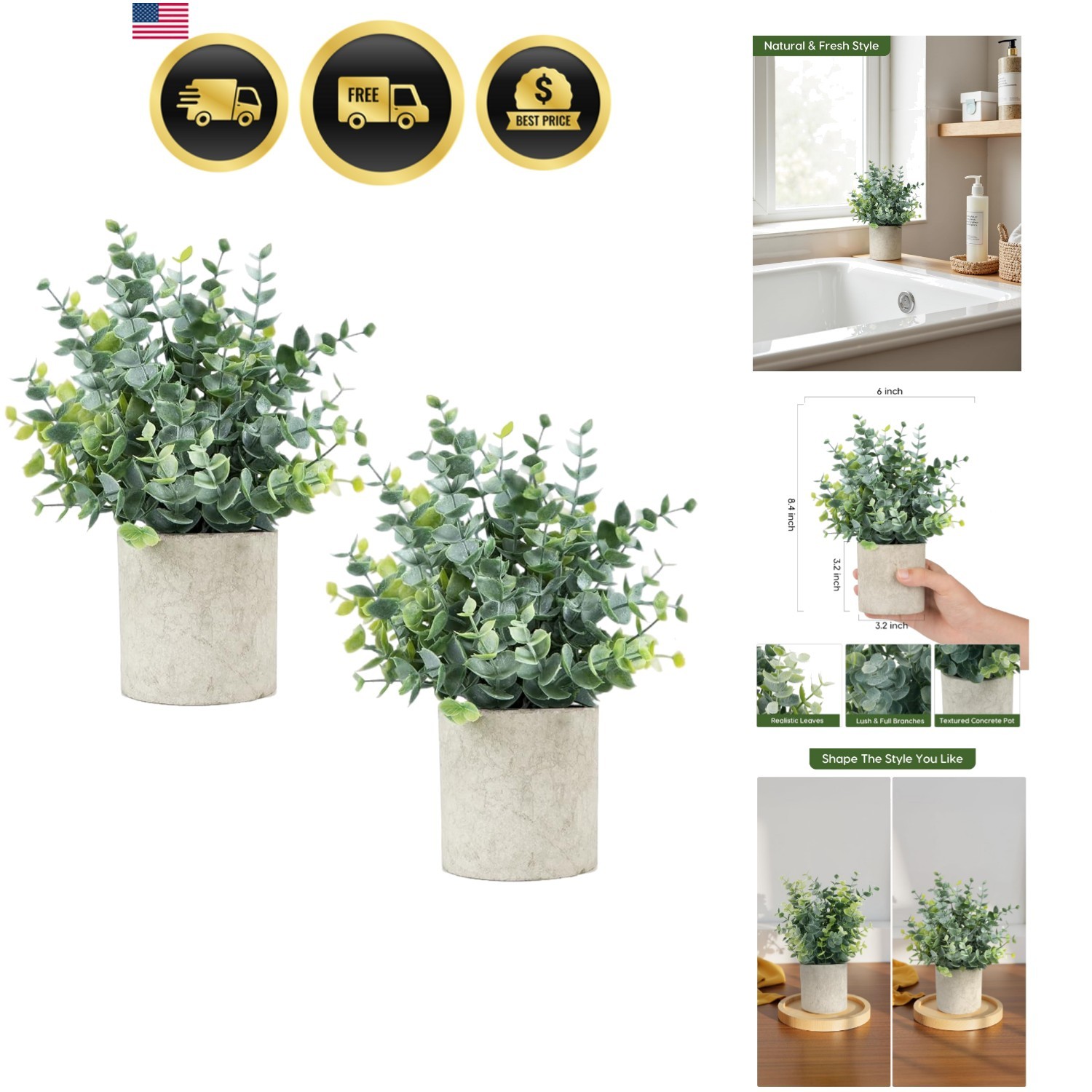2 Pcs Small Fake Plants Eucalyptus, Artificial Plants Indoor for Shelf, Potte…