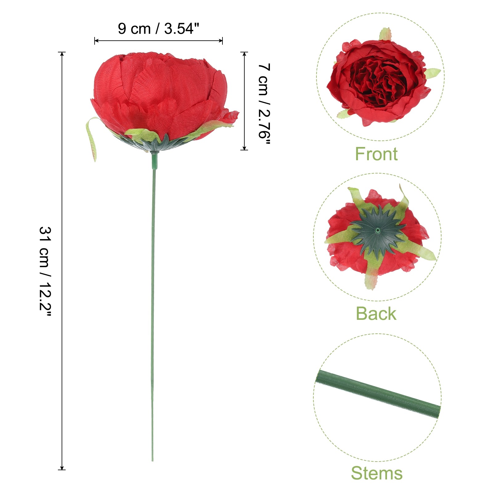 25Pcs Peonies Artificial Flowers Fake Silk Heads Real Touch with Faux Stems Red
