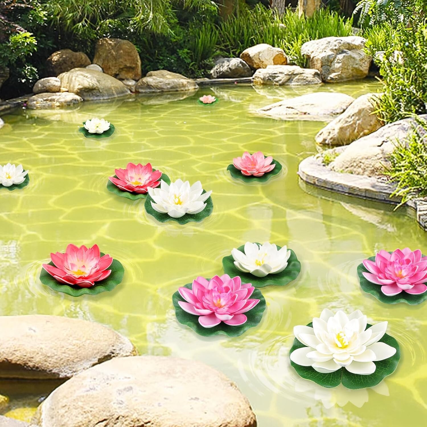 10PCS 3 Sizes Artificial Foam Lotus Floating Flowers with Water Lily Pad Orna…