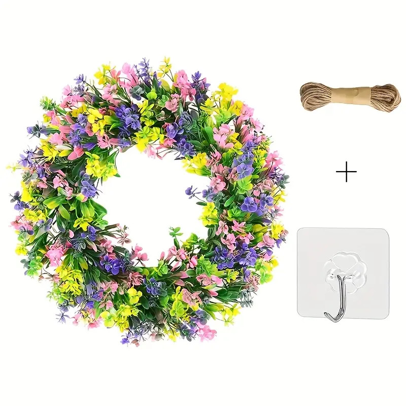 NEW Floral Wreath Wall Decor 12″ plastic pink purple yellow flowers & greenery