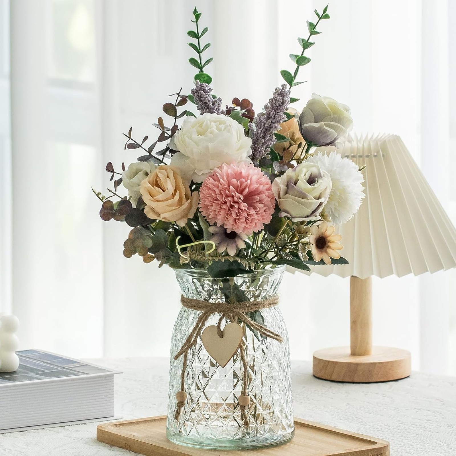 Artificial Flower Arrangement with Vase Faux Peony Silk Flowers for Home Decor