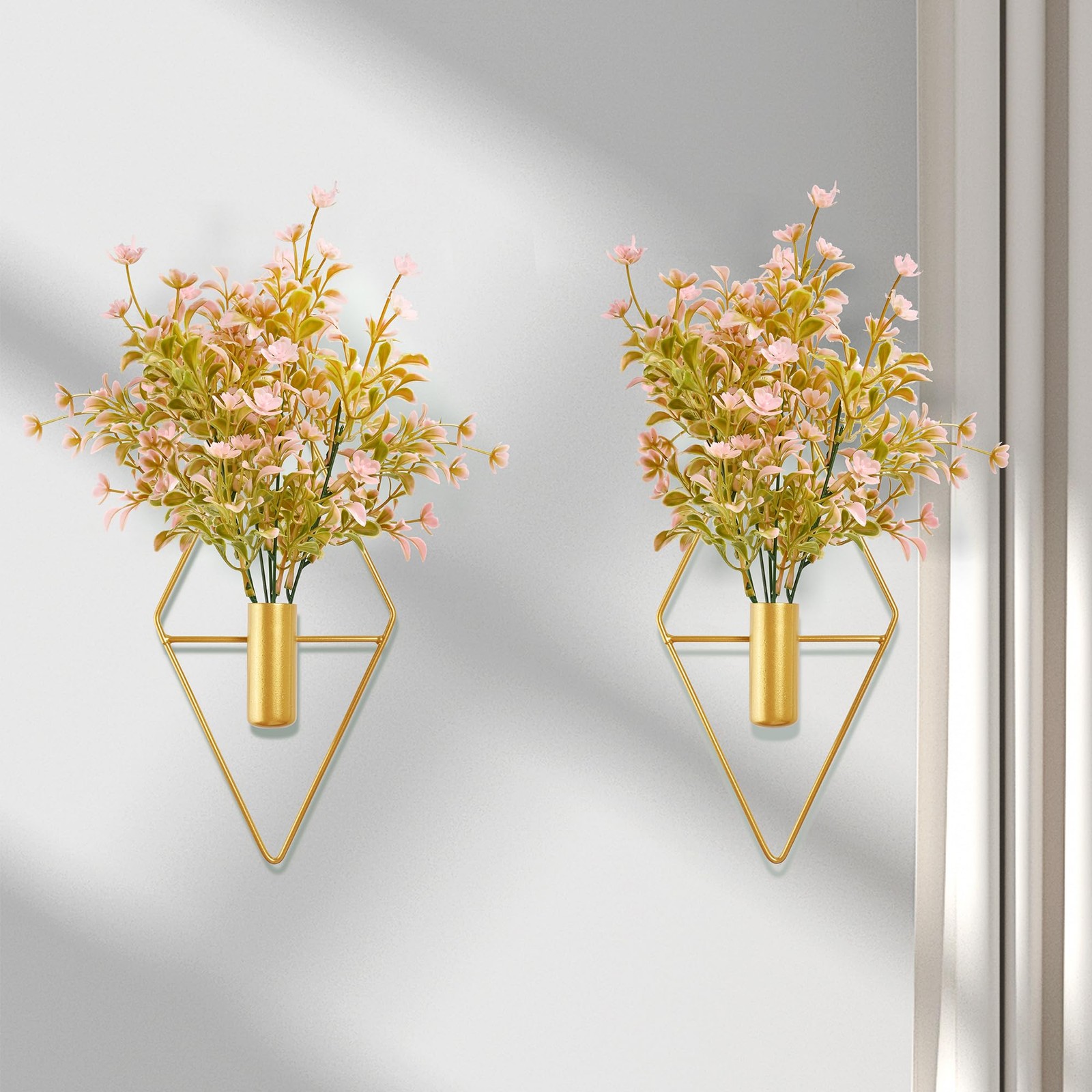 Plant Wall Decor with Pink Artificial Flowers in Diamond Hanging Vase Set of …