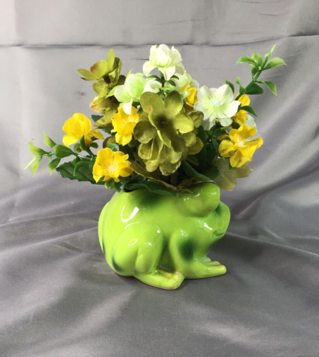 Precious Small Green Ceramic Frog Loaded with Pink Yellow & White Flowers