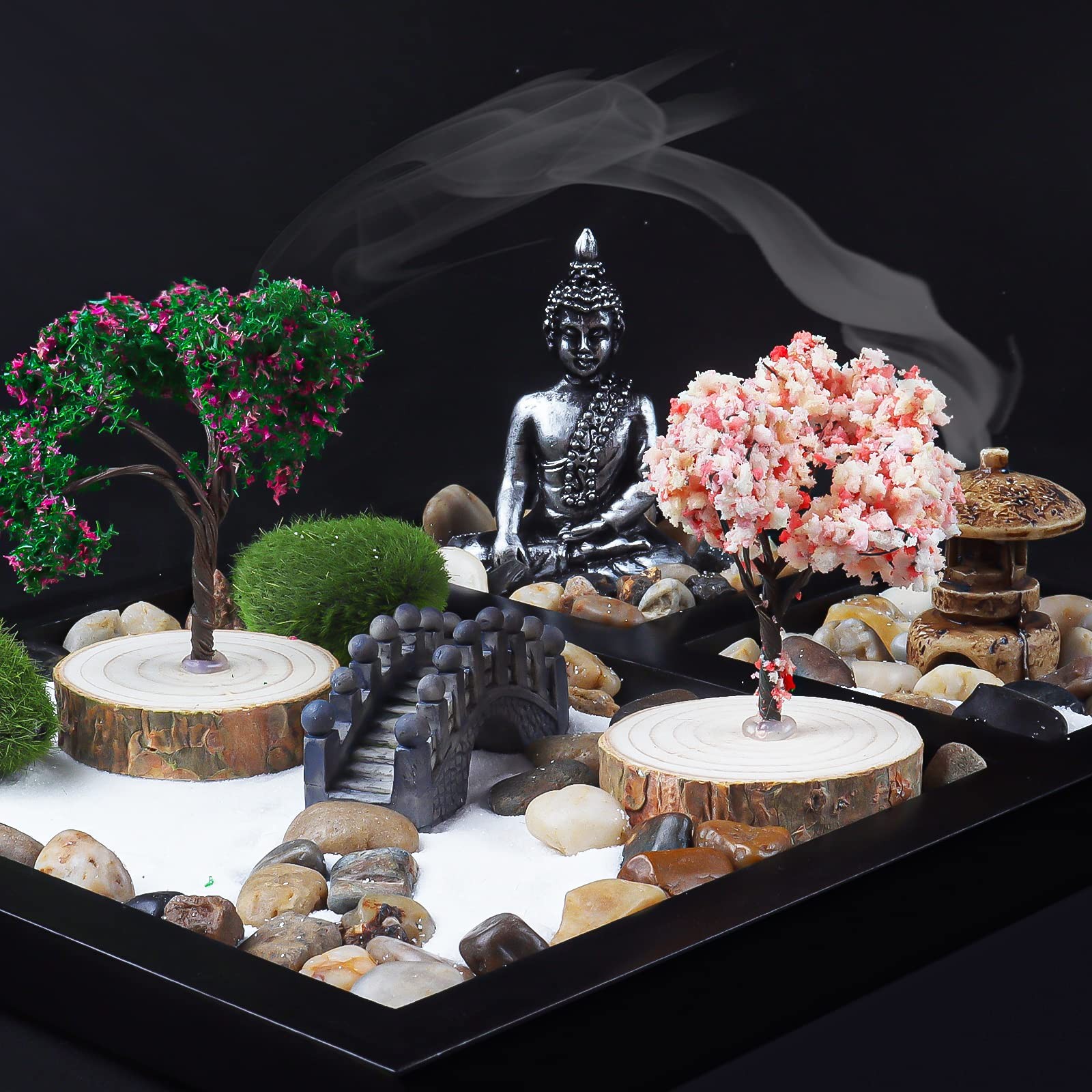 Sakura Budah Desktop Mini Zen Garden – 9″ x 7″ with White Sand, Artificial Bo…