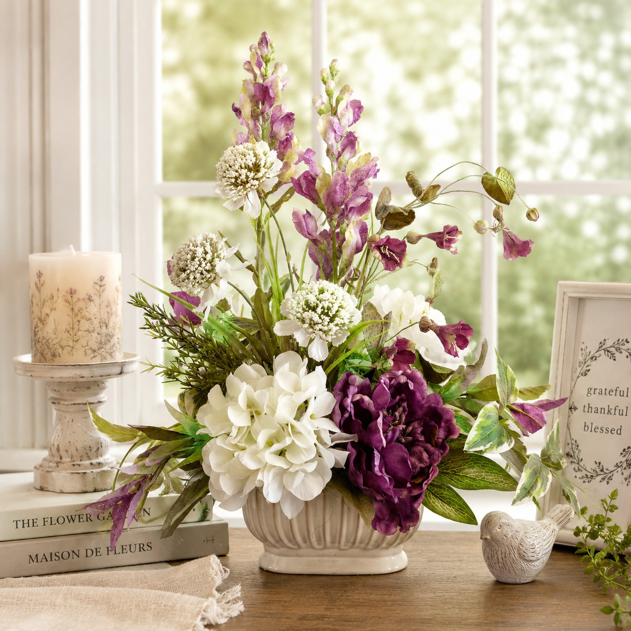 Purple Peony & Snapdragon Arrangement, Spring Floral, Cottage Farmhouse