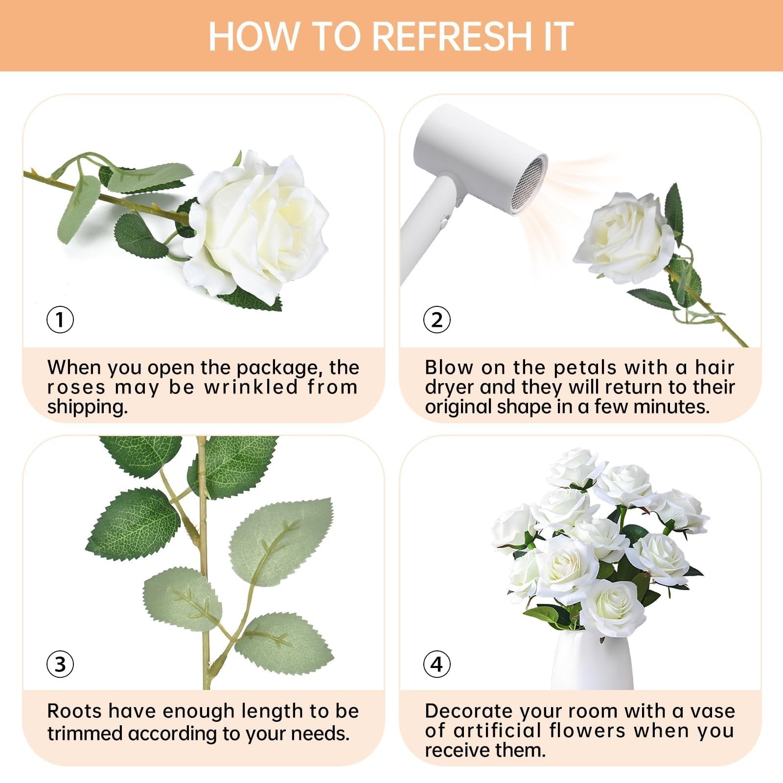 Umisu 200 Milky White Fake Silk Roses 3.7in Velvet Heads 50cm Stems