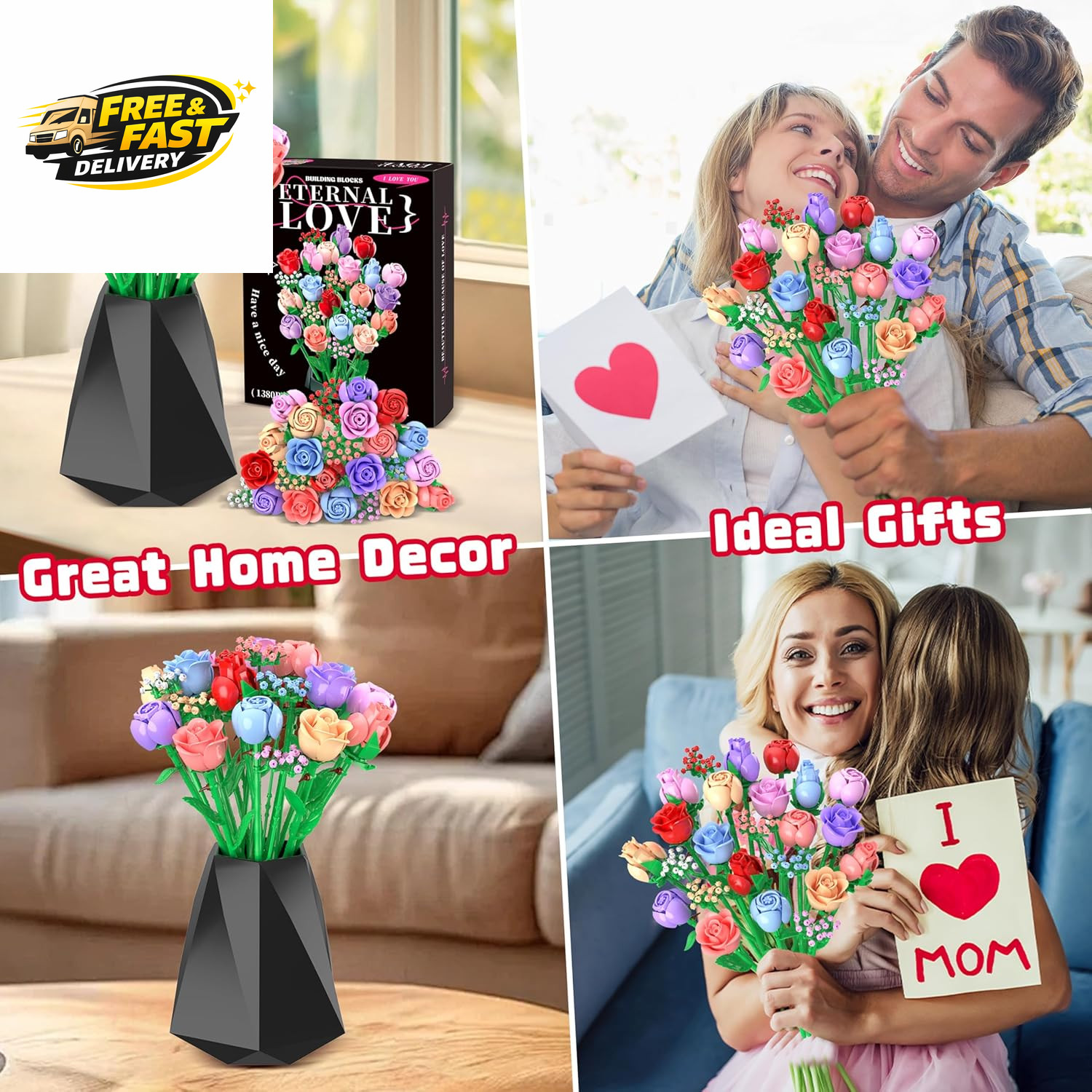 Colorful Rose Bouquet Flowers Building Set, 24 Boxes 1380Pcs Artificial Flowers