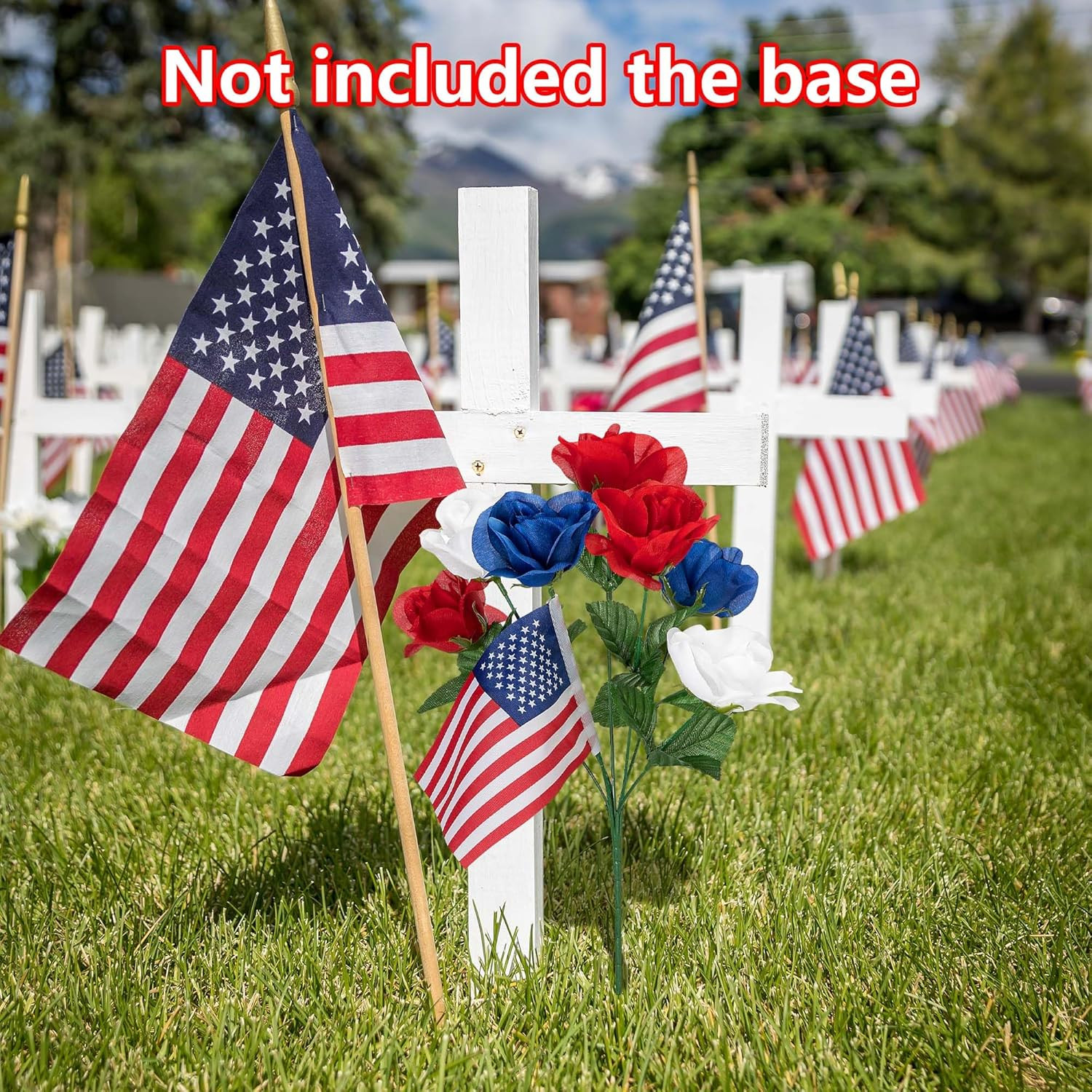 4 Bunches Memorial Day Artificial Flowers, Red Blue White Cemetery Flower with F