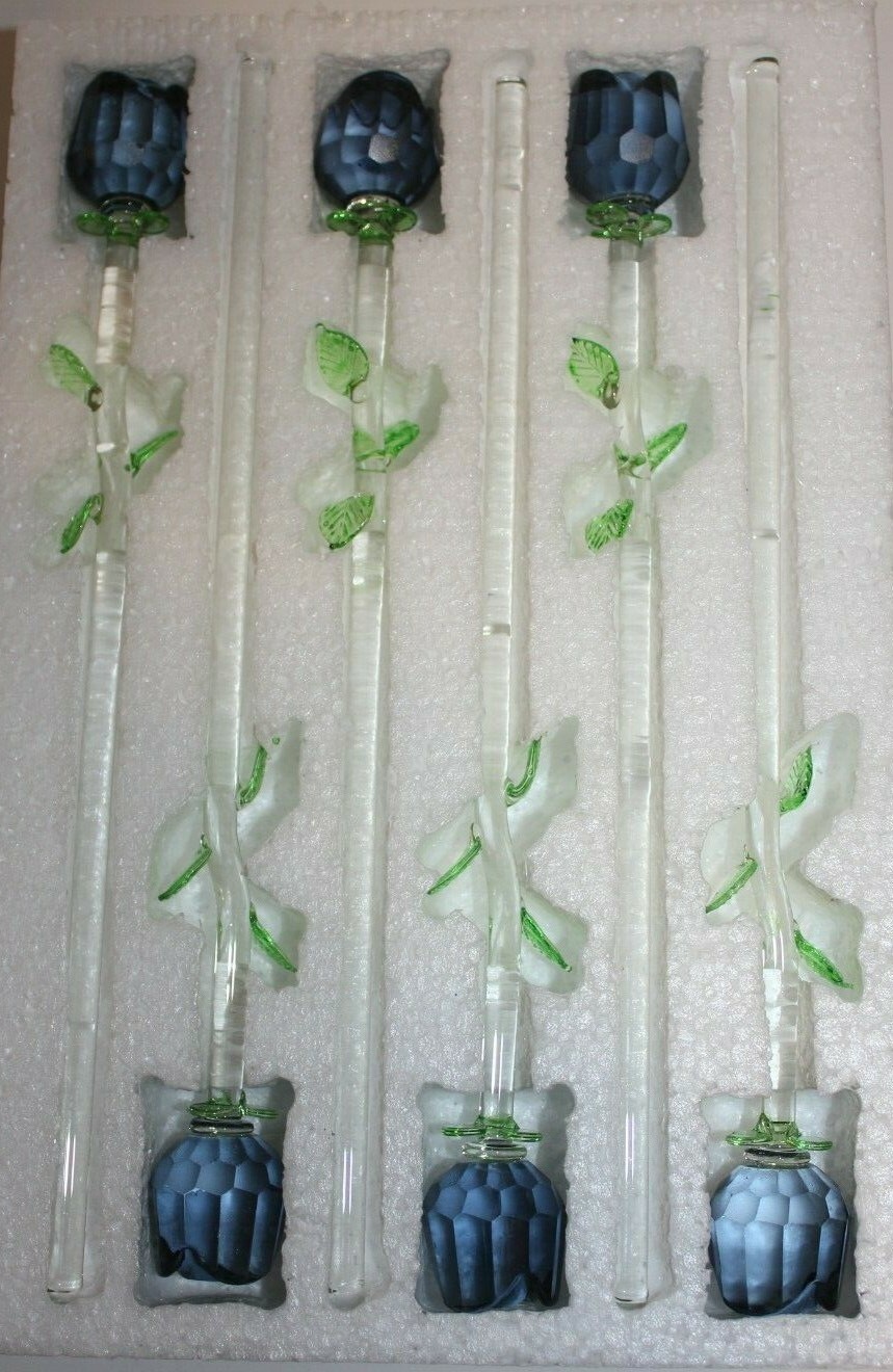 Bouquet of 6 x 12″ Black Glass Roses with Green Leaves, Halloween House decor!