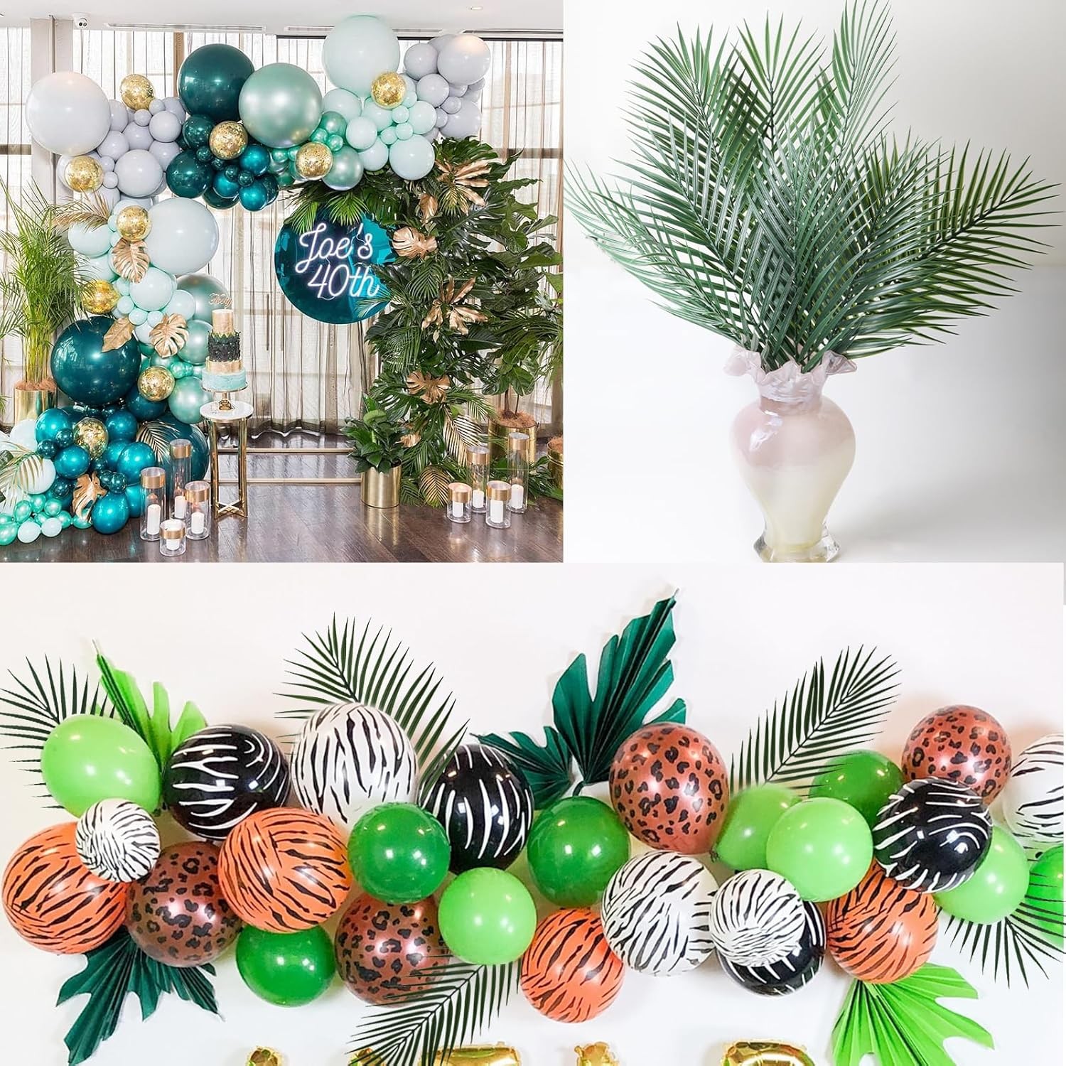 12 PCS Mixed Size Faux Tropical Leaves, Realistic Artificial Green Palm Fern