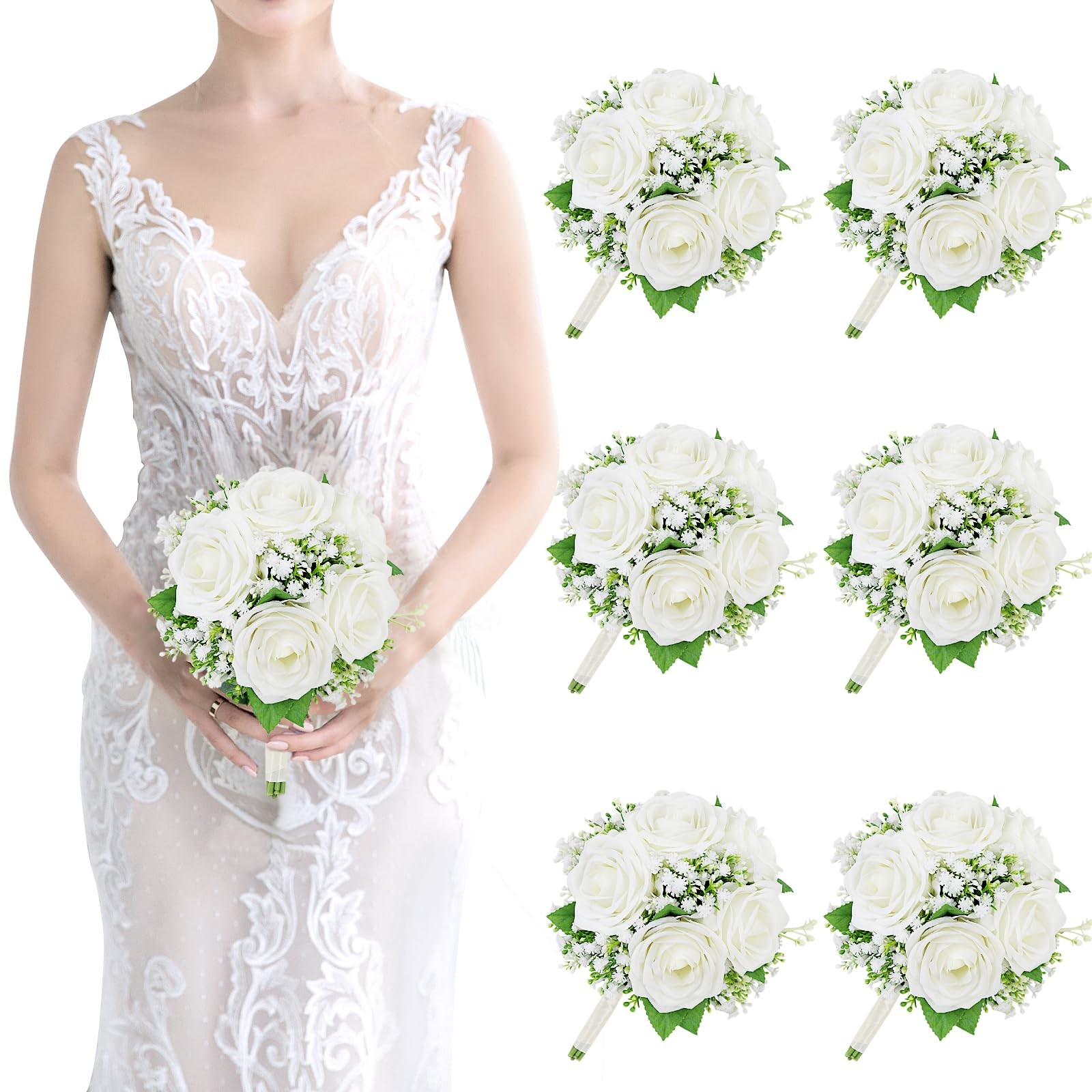 Artificial Bridesmaid Bouquets Set of 6-7 Inch Bridesmaid Bouquets Ivory Whit…