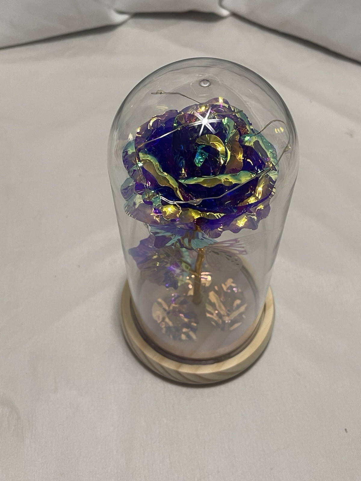 Galaxy Rose in Glass Dome LED Light Purple Blue Flower Gift New in Box NIB