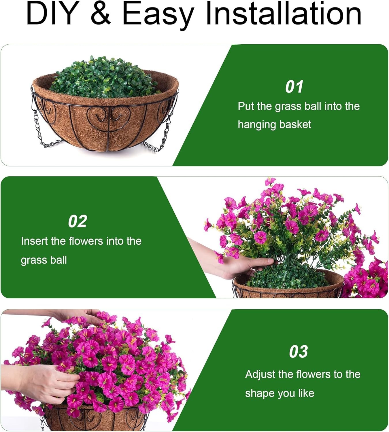 NEW 2 Set Artificial Hanging Flower Baskets UV Resistant Faux Plants w/ Planters