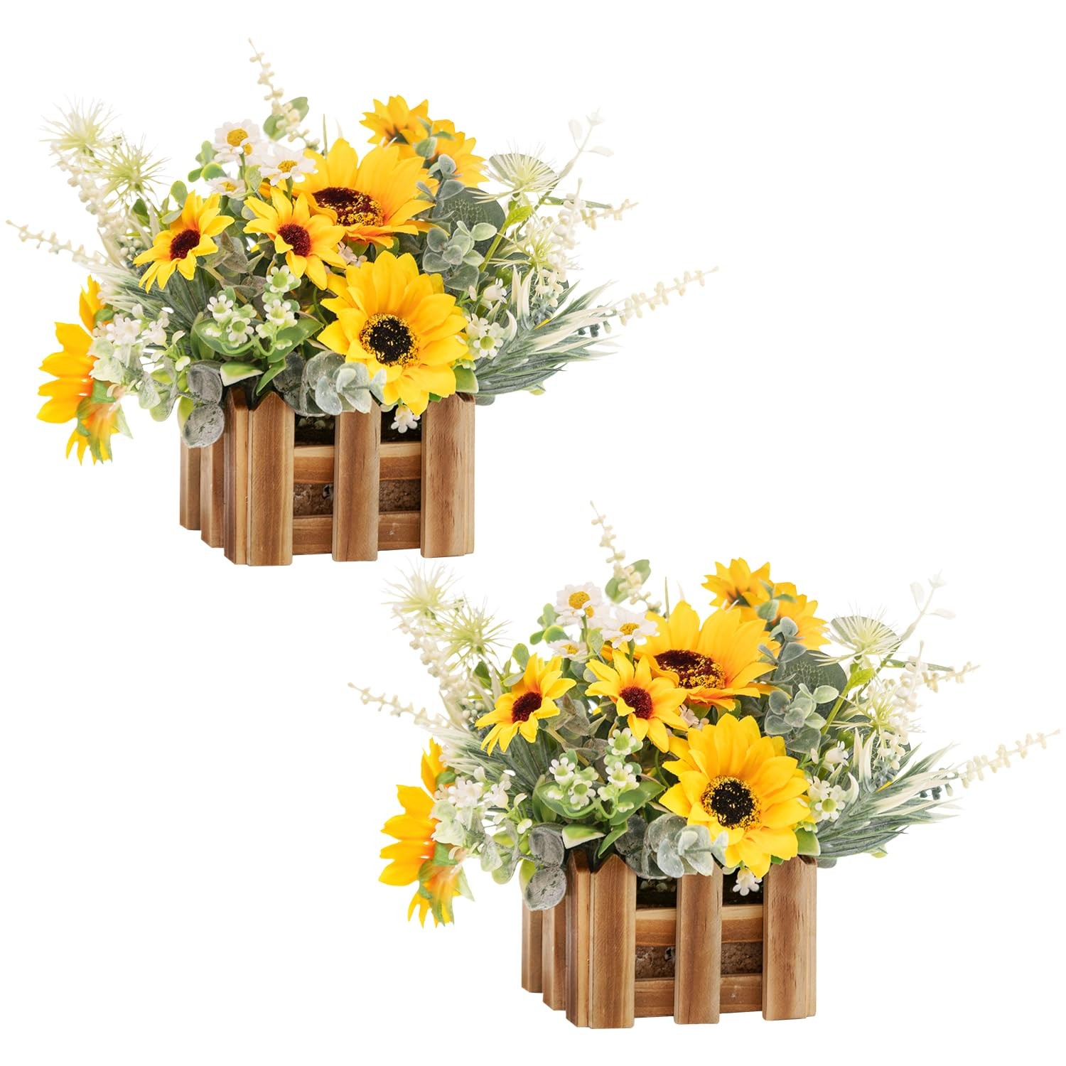 2 PCS Artificial Sunflower Plants Wooden Baskets Faux Flowers Arrangement