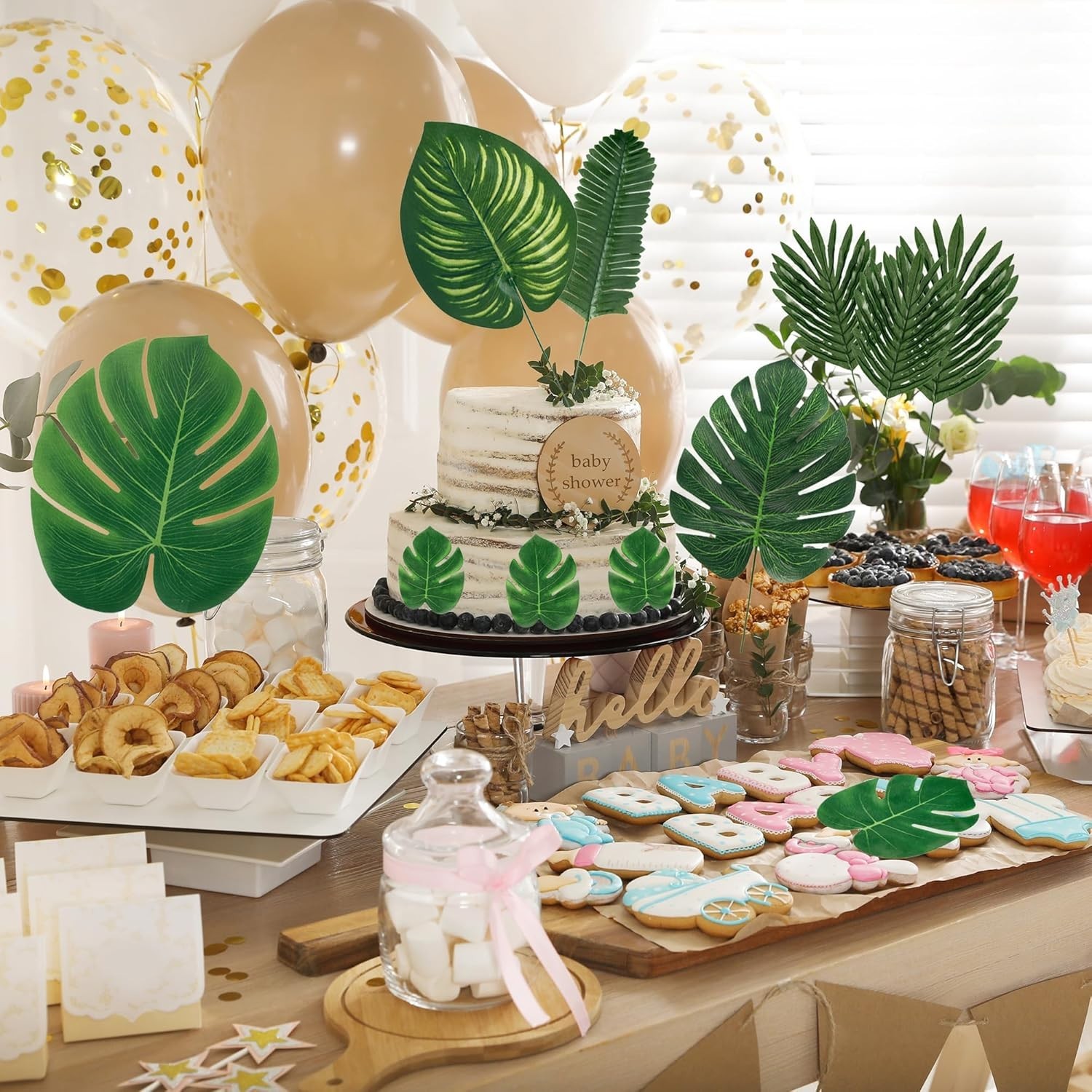 Tropical Palm Leaves Artificial 56pcs Assorted Monstera Jungle Party Table Decor