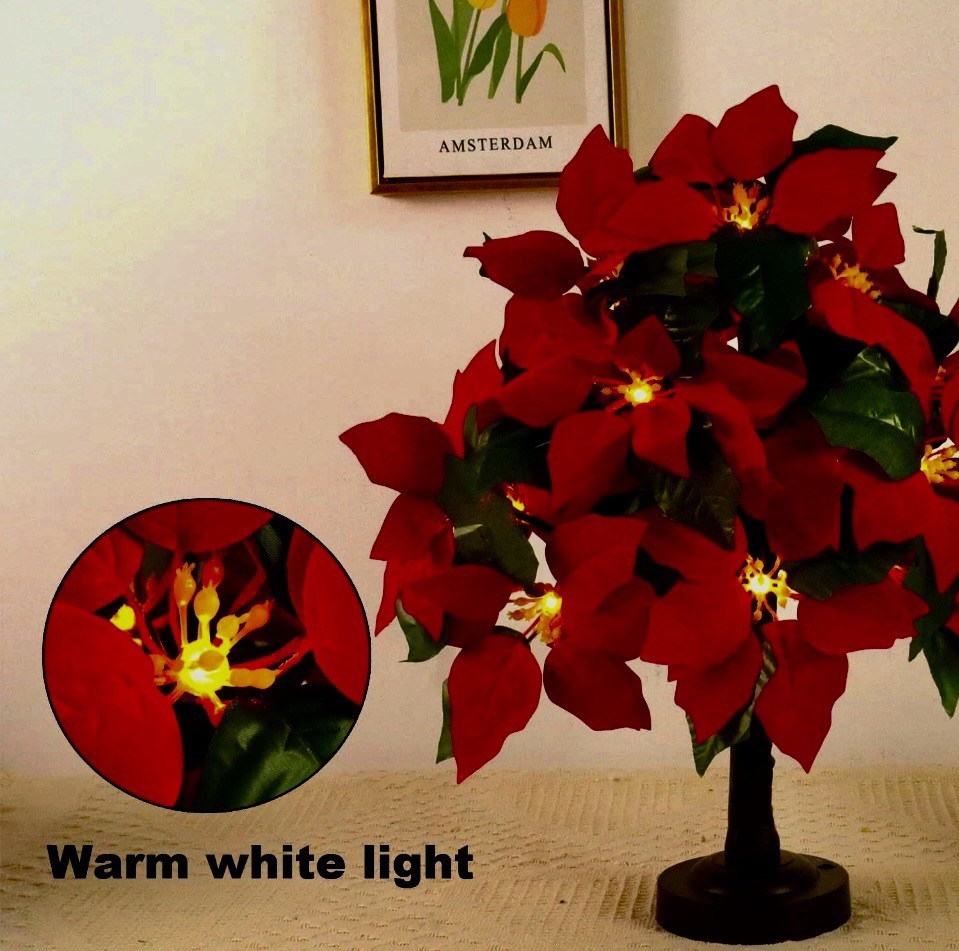 Christmas Poinsettia Tree Light 18 Led Lighted Artificial Tabletop
