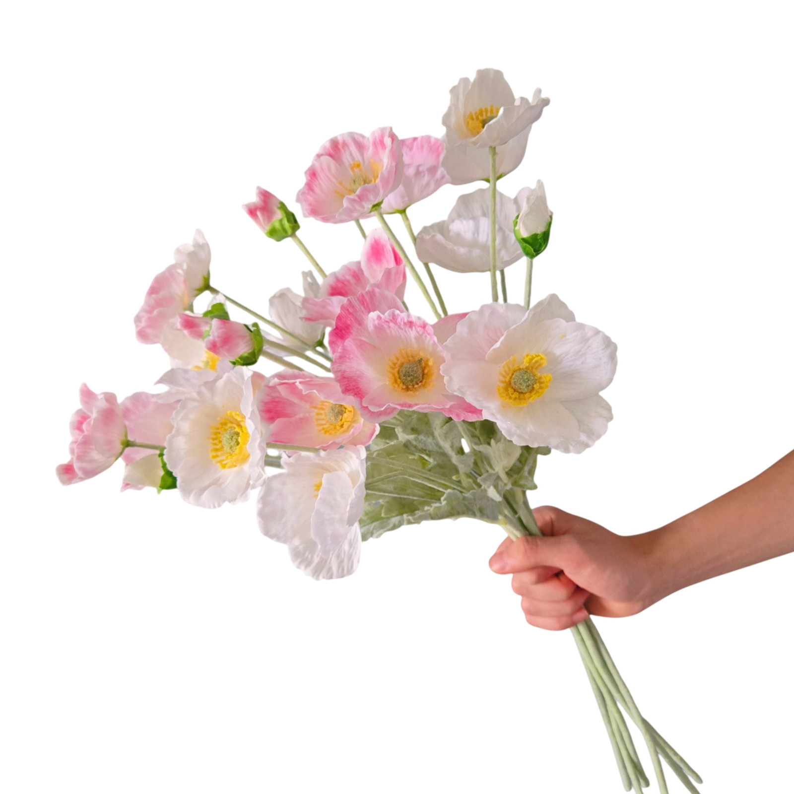 6-Piece Artificial Poppy Bouquet – Realistic silk frost 25.2”pink white