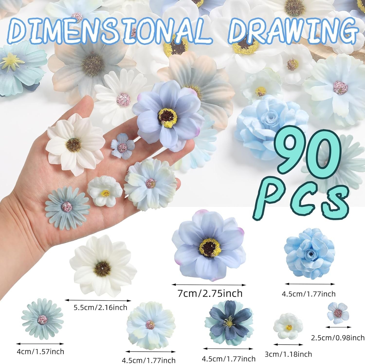 90 Pcs Mini Artificial Silk Flower Heads – Blue Peony, Daisy, Rose Floral Appliq