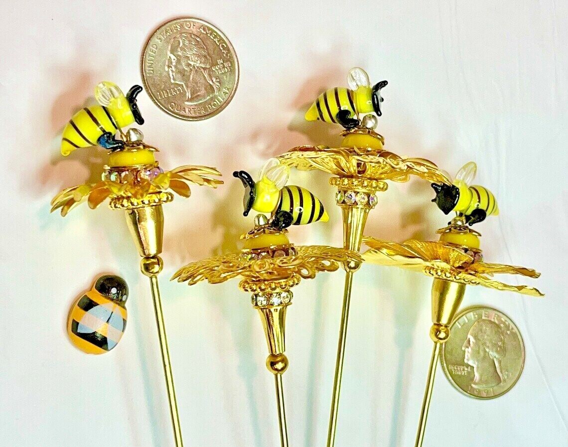 Glass Honey/Bumble Bee Gold Flower Decor Plant Stake/Spike Exquisite US HANDMADE