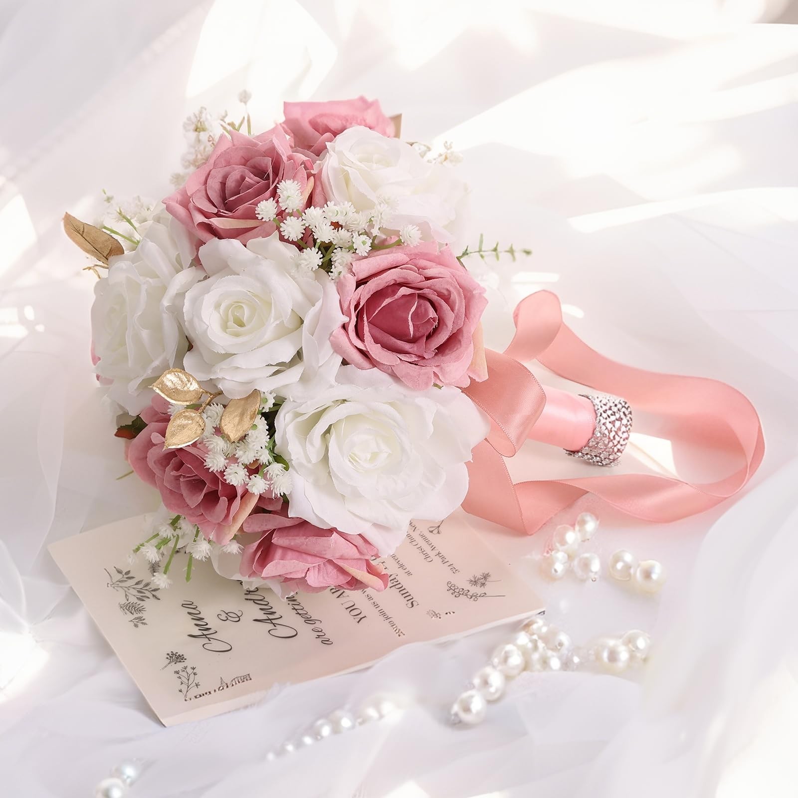 Wedding Bouquet For Bride Realistic Silk Artificial Roses White Pink 9 Inch