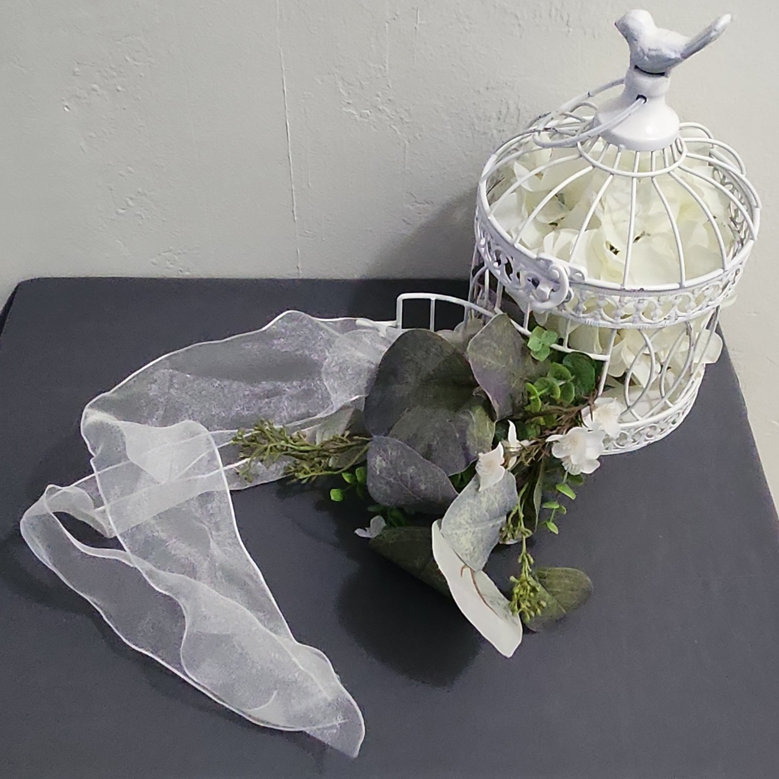 White Birdcage Centerpiece with Artificial Hydrangea, Ribbon, 2 Pack