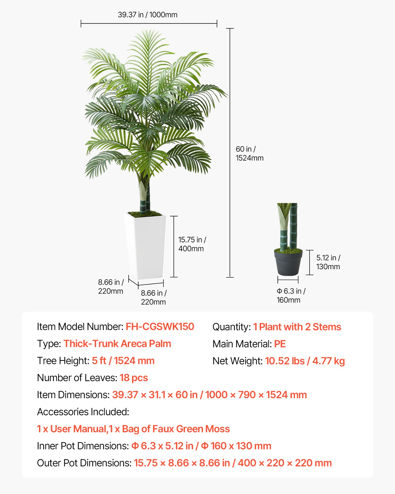 VEVOR 5ft Artificial Areca Palm Tree Fake Plant with White Planter Indoor
