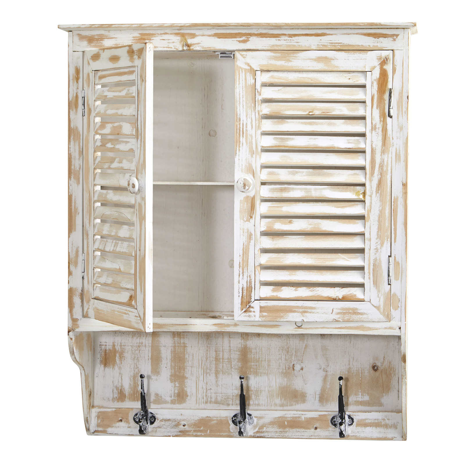 32″ White Washed Wall Cabinet Two Door Drawer Hooks Hangable