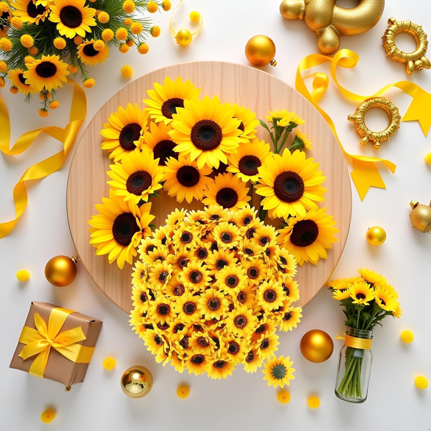 Mini Yellow Artificial Flower Heads 100 PCS Fake Sunflower Fabric Craft Decor