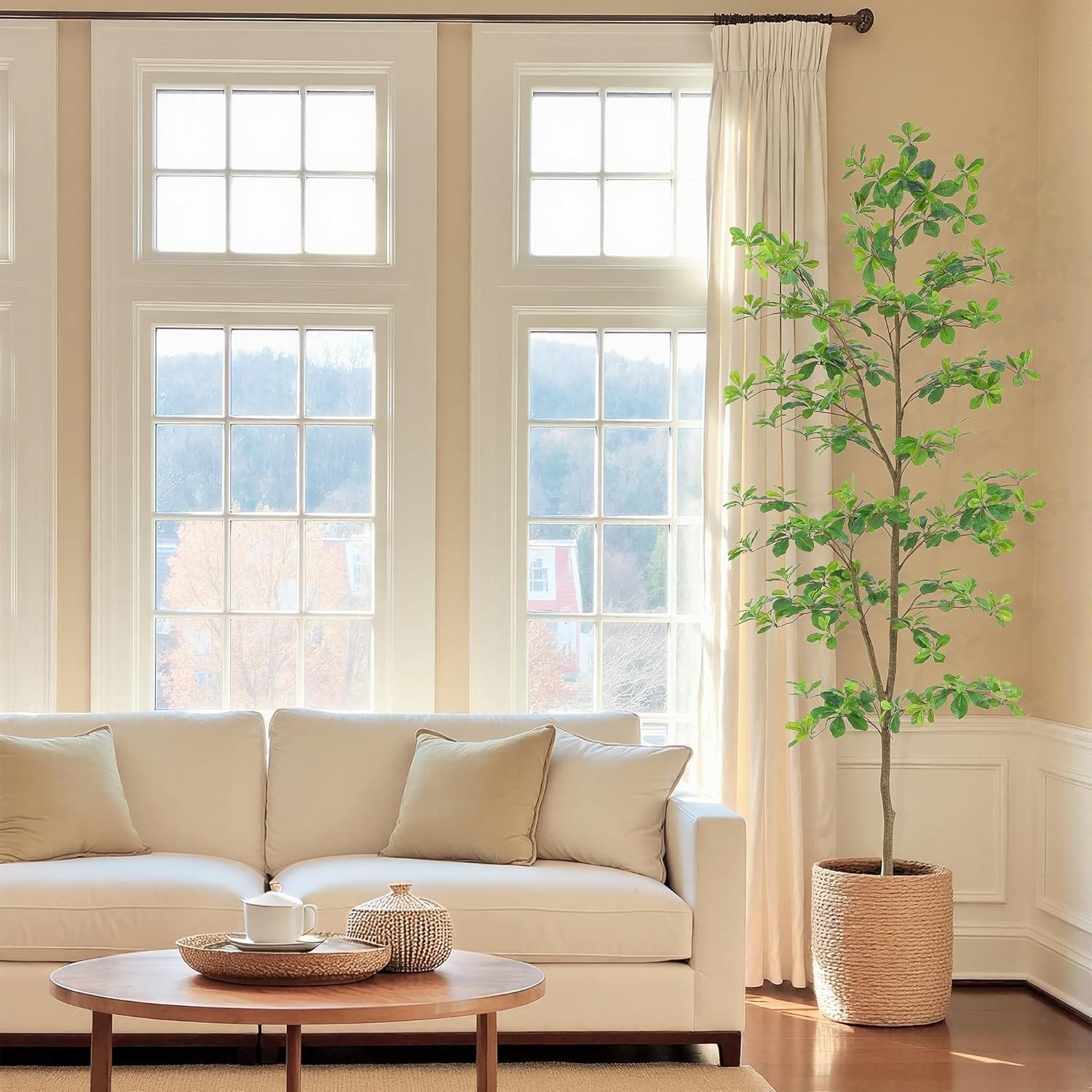 Faux Black Olive Tree 7ft, Tall Faux Trees Indoor with Natural Trunk